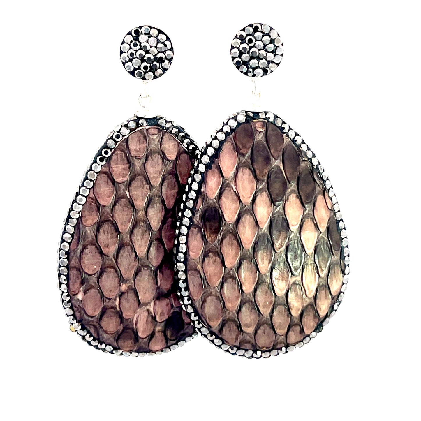 Brown Snakeskin Print Leather 925 Sterling Silver Teardrop Earring