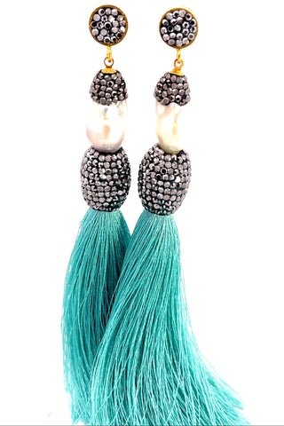 Baroque Cultured Pearl Silver Crystal Gold Plated Tassel Earring - Born To Glam