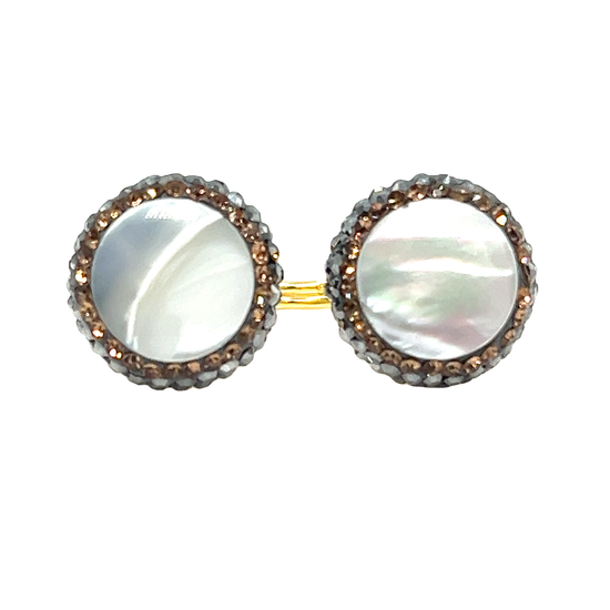 Round Mother Of Pearl Gold & Hematite Crystal 925 Adjustable Ring