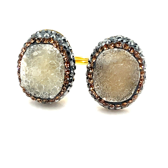 Champagne Druzy Oval Gold & Silver Cystal Gold Plated 925 Sterling Silver Adjustable Ring