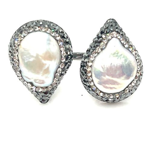 Pearl Teardrop Silver Crystal 925 Sterling Silver Adjustable Ring