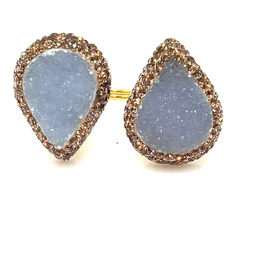 Blue Druzy Teardrop Champagne Crystal 925 Sterling Silver Adjustable Ring