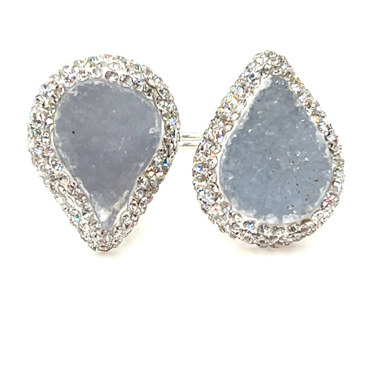 Blue Druzy Teardrop & Silver Crystal 925 Sterling Silver Adjustable Ring