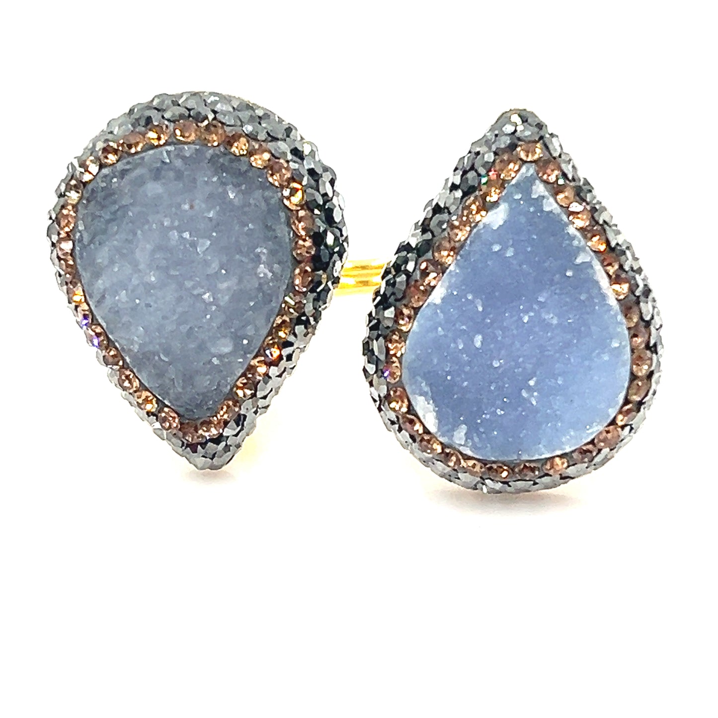 Blue Druzy Teardrop Hematite & Gold Crystal Gold Plated 925 Sterling Silver Adjustable Ring