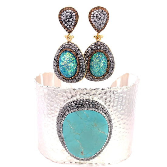 Blue Mixed Cubic Zirconia Crystal Earring & Turquoise Silver Cuff Bracelet Set