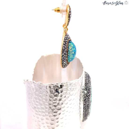 Blue Mixed Cubic Zirconia Crystal Earring & Turquoise Silver Cuff Bracelet Set