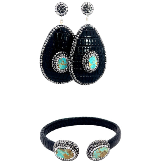 Black Shagreen Leather Turquoise Gemstone Crystal Bracelet & Earring Set