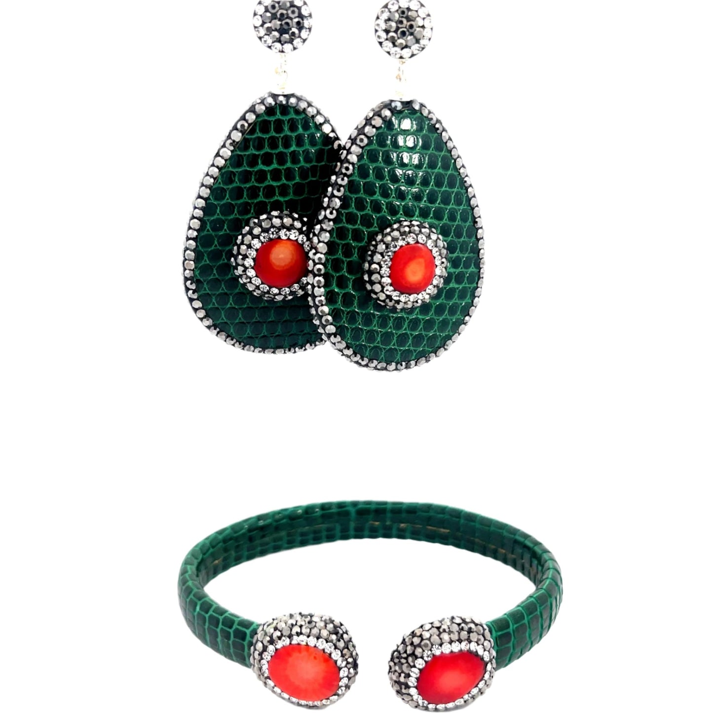 Green Shagreen Leather Red Coral Gemstone Crystal Bracelet & Earring Set