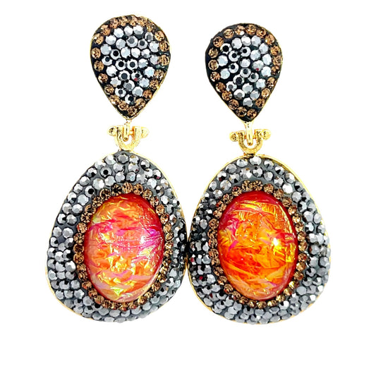 Orange Mixed Cubic Zirconia Silver & Gold Crystal Drop Earring