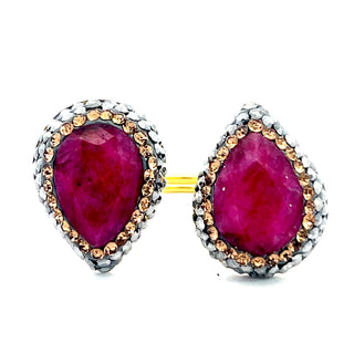 Teardrop Double Gemstone & Crystal 925 Sterling Silver Adjustable Ring - Born To Glam