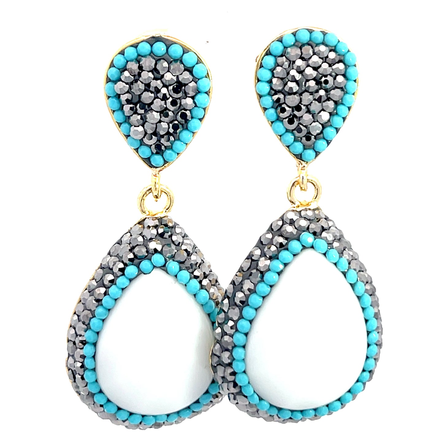 White Agate Turquoise & Silver Crystal Drop Earring