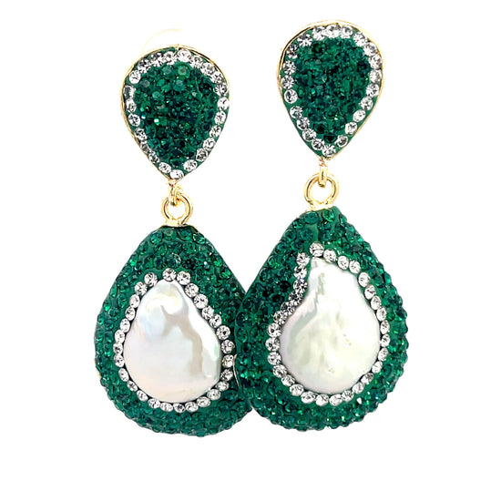 Pearl Green & Silver Crystal Gold Plated Drop Earring