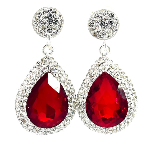 Red Cubic & Silver Crystal Drop Earring