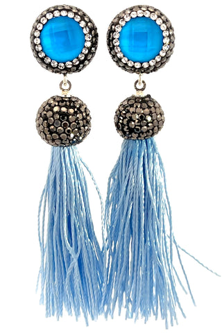 Round Gemstone Short 925 Sterling Silver Tassel Earring - Born To Glam