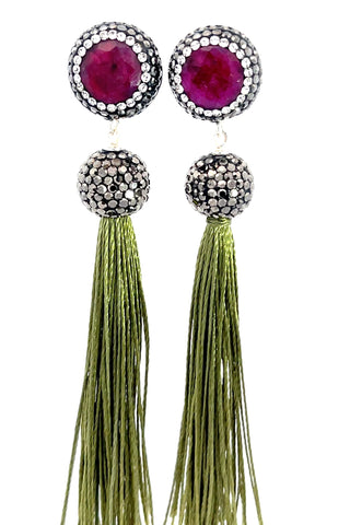 Round Gemstone Long 925 Sterling Silver Tassel Earring - Born To Glam