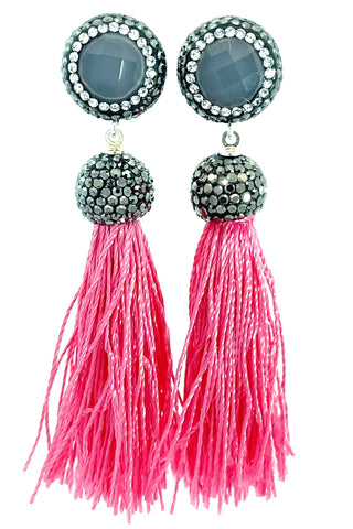 Round Gemstone Short 925 Sterling Silver Tassel Earring - Born To Glam