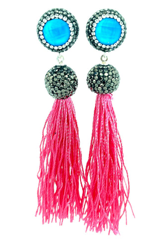 Round Gemstone Long 925 Sterling Silver Tassel Earring - Born To Glam
