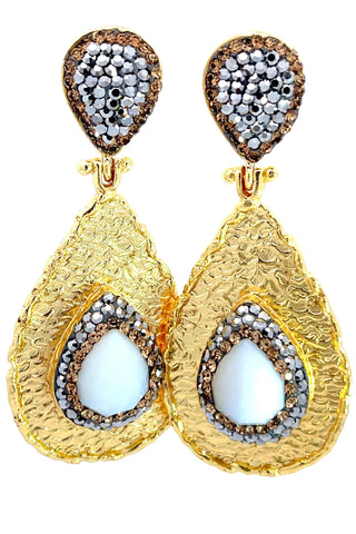 Teardrop Gemstone & Crystal Brass Dangle Earring - Born To Glam