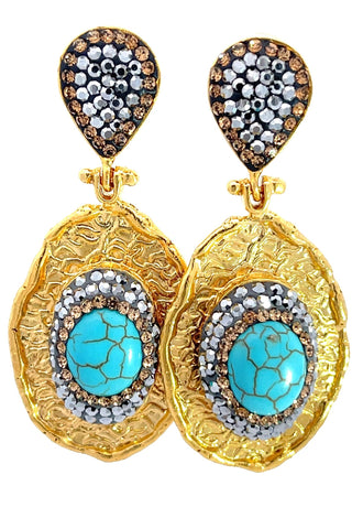 Oval Gemstone & Crystal Brass Dangle Earring - Born To Glam