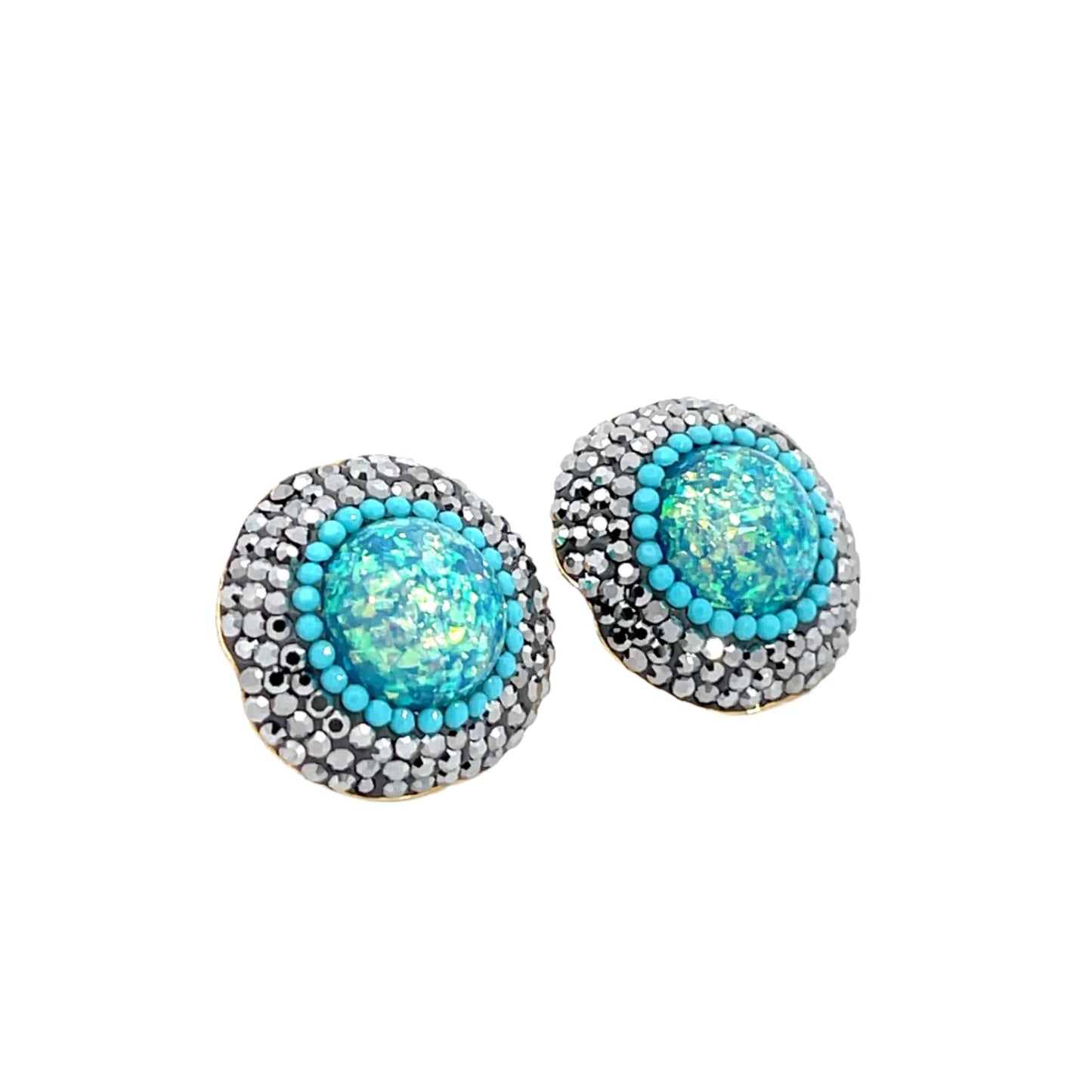 Turquoise Blue Mixed Cubic Zirconia Silver Crystal Gold Plated Stud Earring