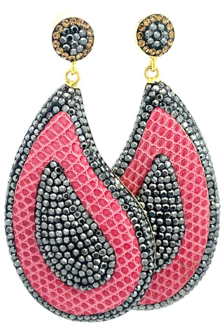 Curved Teardrop Leather & Crystal Drop Earrings - Born To Glam