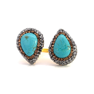 Teardrop Double Gemstone & Crystal 925 Sterling Silver Adjustable Ring - Born To Glam