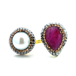 Teardrop & Round Double Gemstone & Crystal 925 Sterling Silver Adjustable Ring - Born To Glam