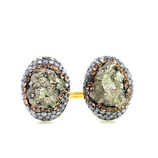 Oval Double Gemstone & Crystal 925 Sterling Silver Adjustable Ring - Born To Glam