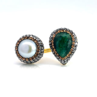 Teardrop & Round Double Gemstone & Crystal 925 Sterling Silver Adjustable Ring - Born To Glam