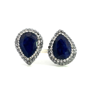 Teardrop Double Gemstone & Crystal 925 Sterling Silver Adjustable Ring - Born To Glam