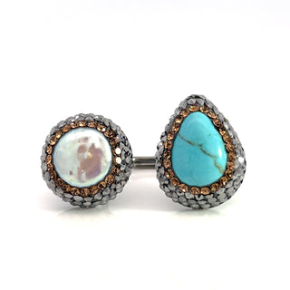 Teardrop & Round Double Gemstone & Crystal 925 Sterling Silver Adjustable Ring - Born To Glam