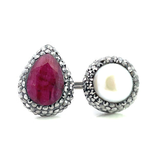 Teardrop & Round Double Gemstone & Crystal 925 Sterling Silver Adjustable Ring - Born To Glam