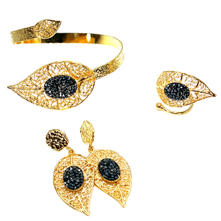 Black & Gold Leaf Crystal Bracelet Set - Born To Glam
