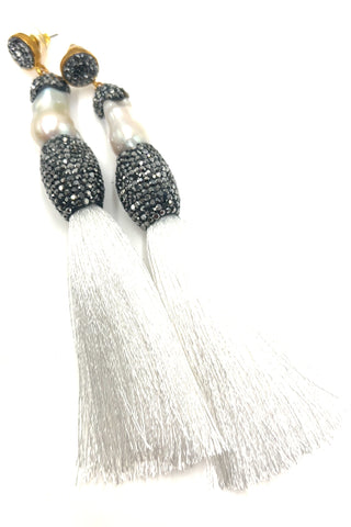 Baroque Cultured Pearl Silver Crystal Gold Plated Tassel Earring - Born To Glam