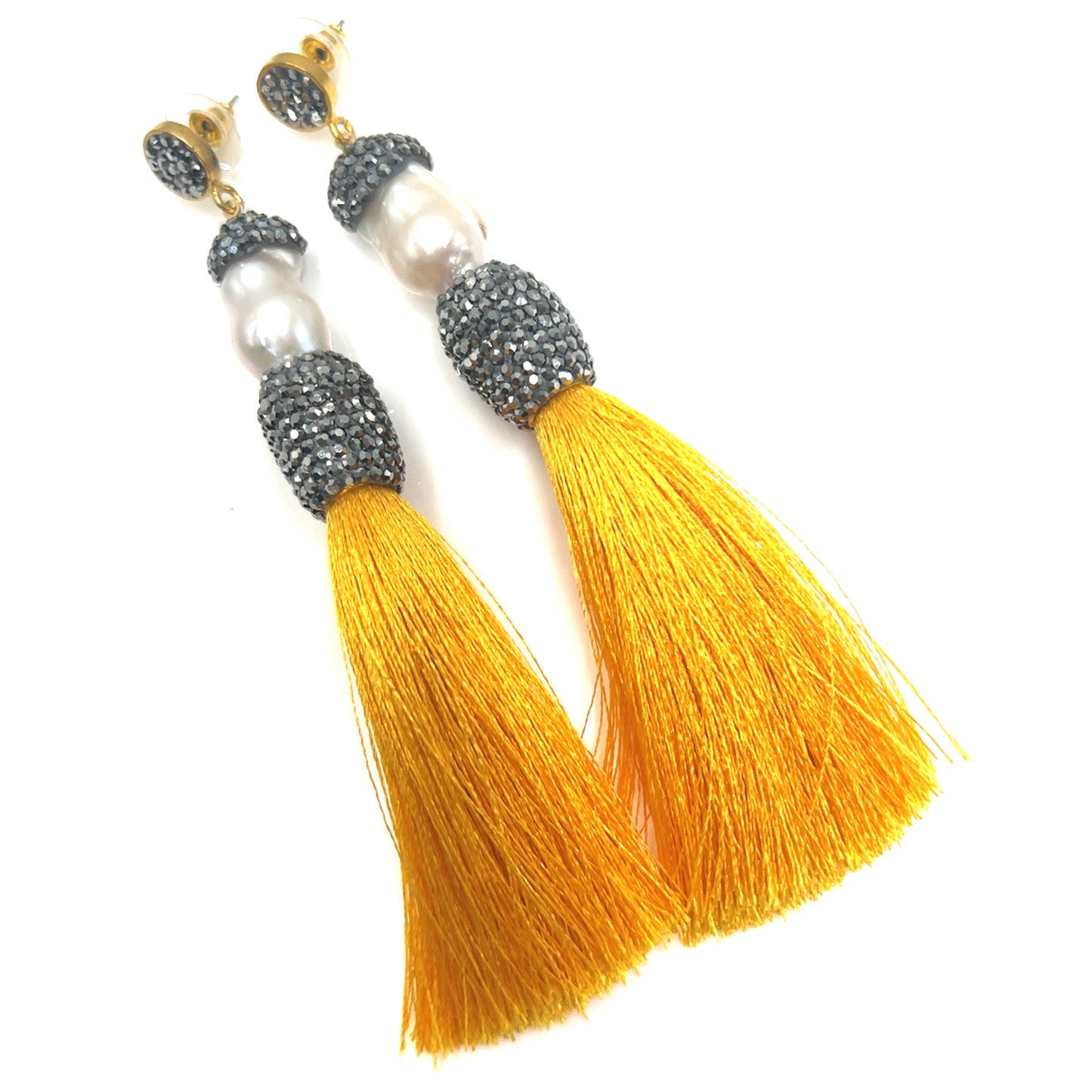 Baroque Cultured Pearl Silver Crystal Gold Plated Tassel Earring - Born To Glam Born To Glam