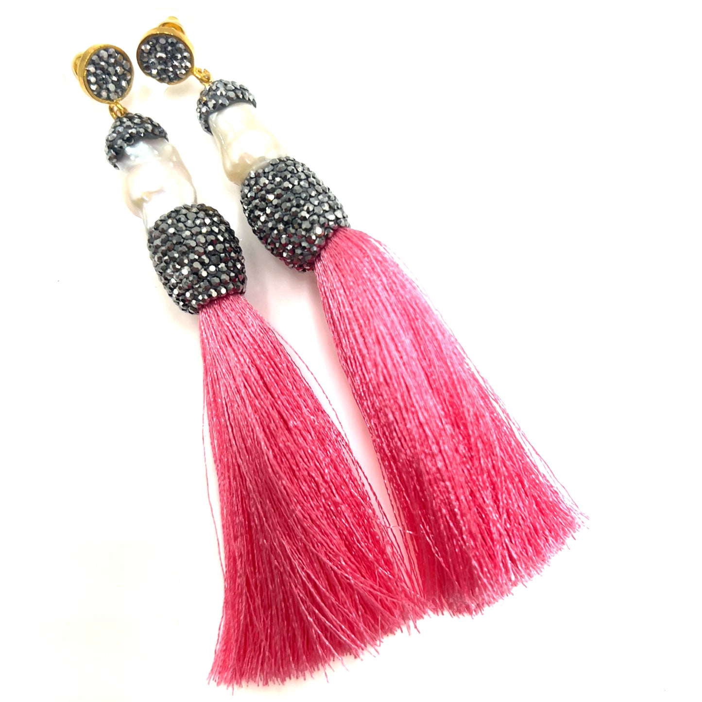 Baroque Cultured Pearl Silver Crystal Gold Plated Tassel Earring - Born To Glam Born To Glam