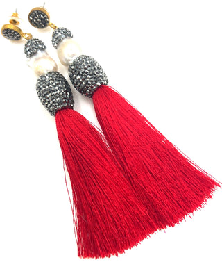 Baroque Cultured Pearl Silver Crystal Gold Plated Tassel Earring - Born To Glam