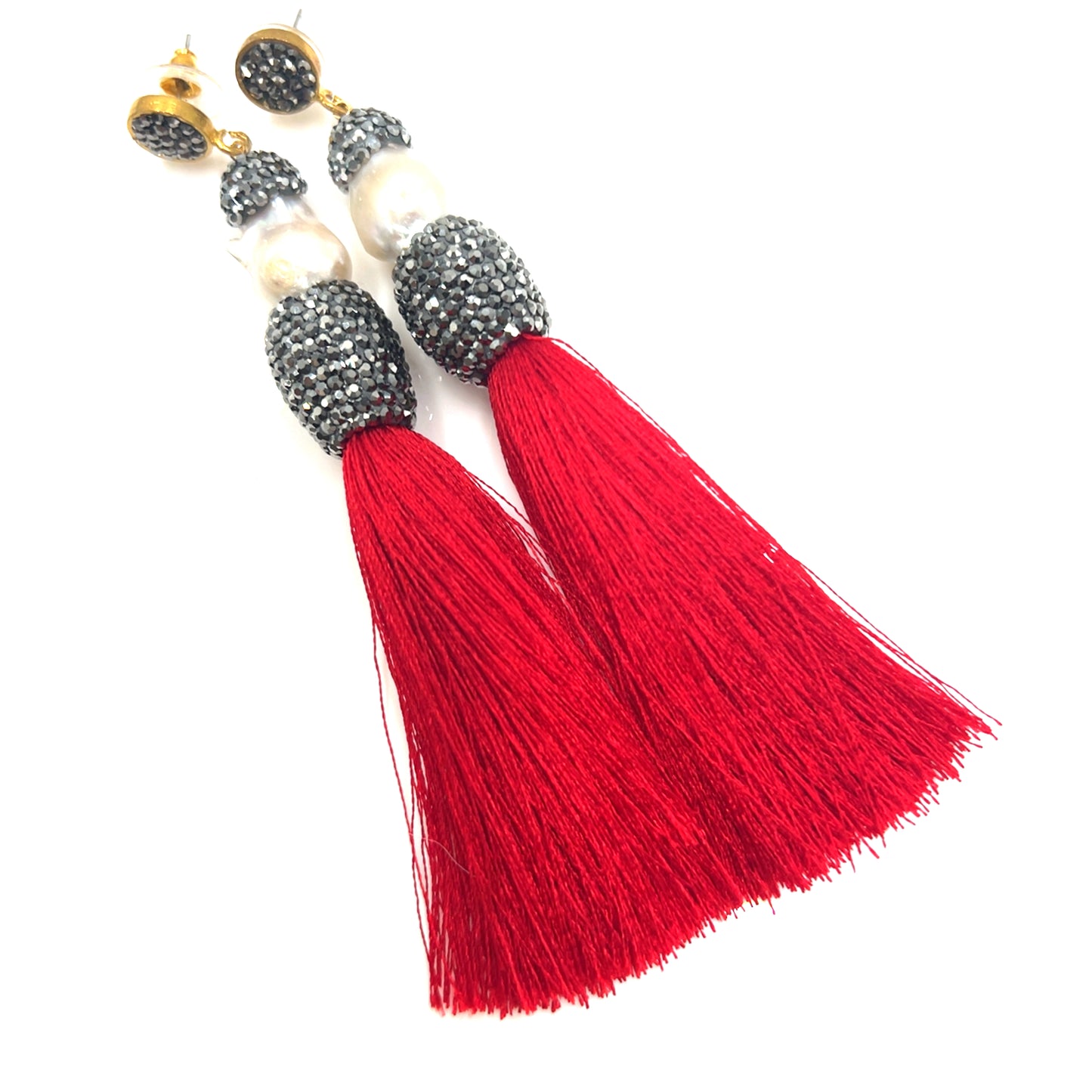 Baroque Cultured Pearl Silver Crystal Gold Plated Tassel Earring - Born To Glam Born To Glam