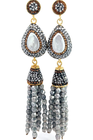 Silver Hematite Pearl Tassel Earring - Born To Glam