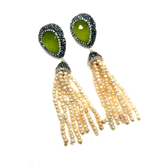 Green Cat's Eye Gemstone Pearl Tassel Earrings - Born To Glam Born To Glam