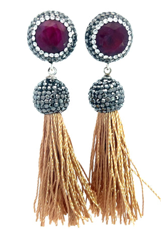 Round Gemstone Short 925 Sterling Silver Tassel Earring - Born To Glam