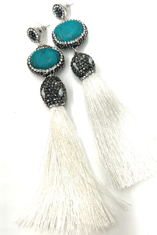 Turquoise Gemstone 925 Sterling Silver Tassel Earrings - Born To Glam