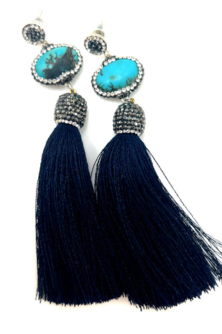Turquoise Gemstone 925 Sterling Silver Tassel Earrings - Born To Glam