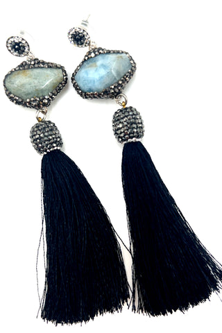 Grey Agate Statement Tassel Earring - Born To Glam