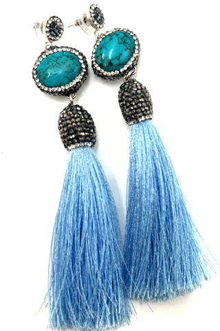Turquoise Gemstone 925 Sterling Silver Tassel Earrings - Born To Glam