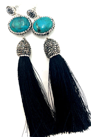 Turquoise Gemstone 925 Sterling Silver Tassel Earrings - Born To Glam