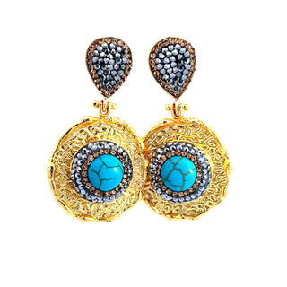 Round Gemstone & Crystal Brass Dangle Earring - Born To Glam