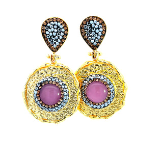 Round Gemstone & Crystal Brass Dangle Earring - Born To Glam