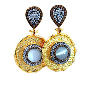 Round Gemstone & Crystal Brass Dangle Earring - Born To Glam