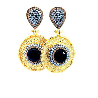 Round Gemstone & Crystal Brass Dangle Earring - Born To Glam